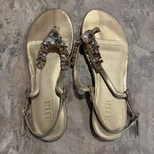 a.n.a. Silver Beaded Flat Sandals Women's Size 7 Sling Back Jeweled Wedding